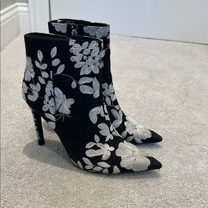 Zara- Elegant Black and Silver Floral Ankle Boots